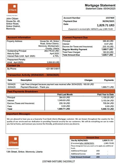 Liberia Guaranty Trust Bank Liberia mortgage statement Word and PDF template