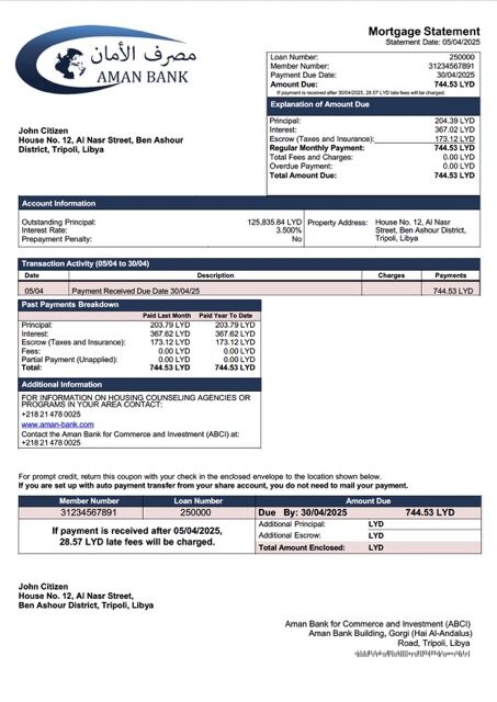 Libya Aman Bank for Commerce and Investment (ABCI) mortgage statement Word and PDF template