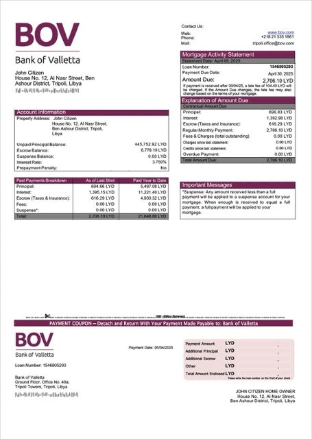 Libya Bank of Valletta mortgage statement Word and PDF template