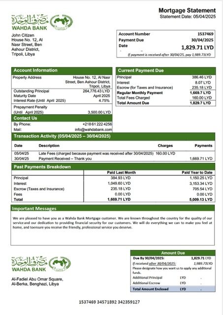 Libya Wahda Bank mortgage statement Word and PDF template