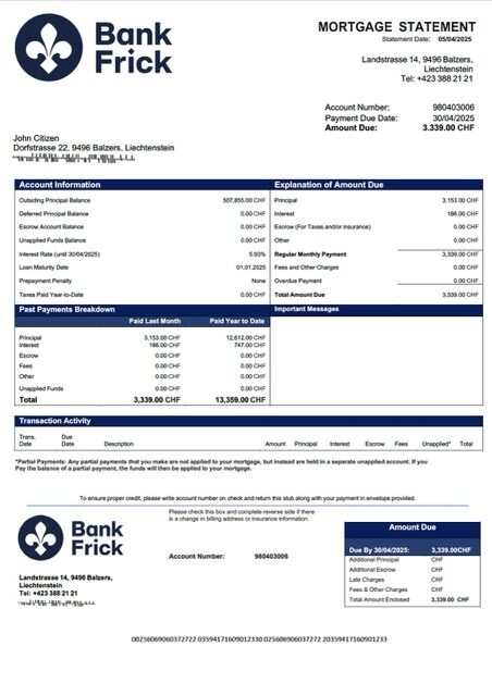 Liechtenstein Bank Frick & Co mortgage statement Word and PDF template