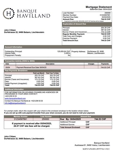 Liechtenstein Banque Havilland mortgage statement Word and PDF template