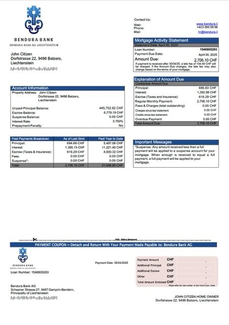 Liechtenstein Bendura Bank AG mortgage statement Word and PDF template