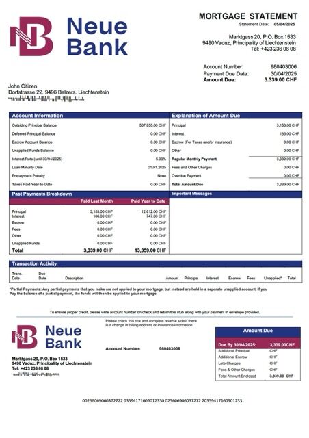 Liechtenstein Neue Bank mortgage statement Word and PDF template