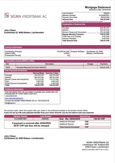 Liechtenstein SIGMA KREDITBANK AG mortgage statement Word and PDF template