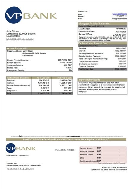 Liechtenstein VP Bank AG mortgage statement Word and PDF template