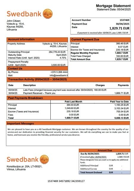 Lithuania AB Swedbank mortgage statement Word and PDF template