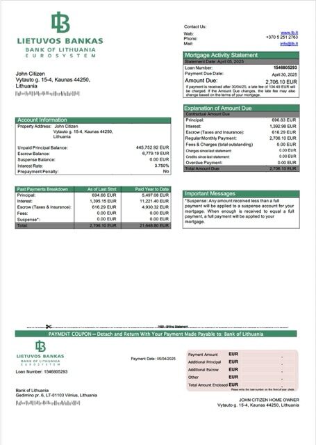 Lithuania Bank of Lithuania mortgage statement Word and PDF template