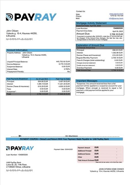 Lithuania UAB PayRay Bank mortgage statement Word and PDF template
