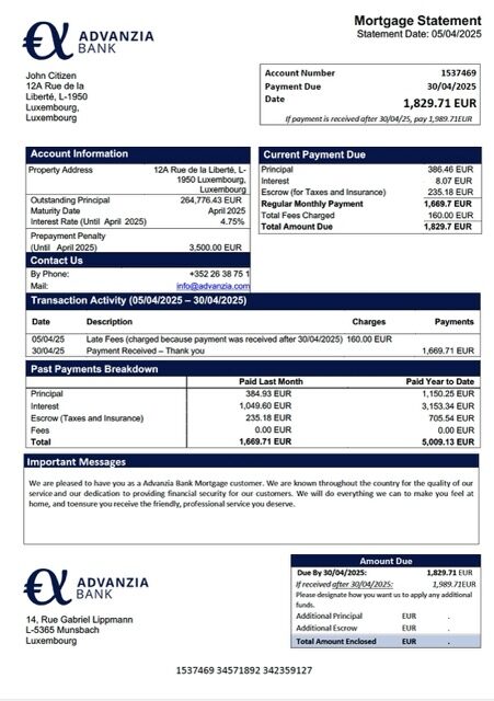 Luxembourg Advanzia Bank mortgage statement Word and PDF template