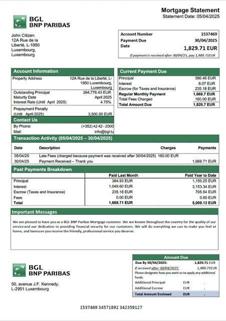 Luxembourg BGL BNP Paribas mortgage statement Word and PDF template