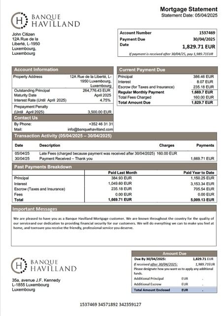 Luxembourg Banque Havilland mortgage statement Word and PDF template