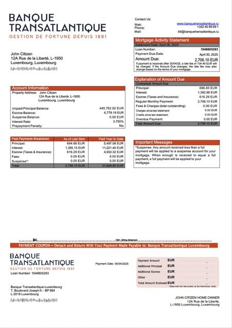 Luxembourg Banque Transatlantique Luxembourg mortgage statement Word and PDF template