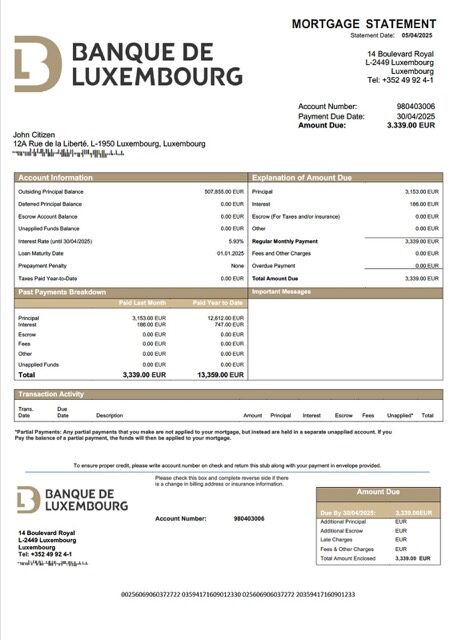 Luxembourg Banque de Luxembourg mortgage statement Word and PDF template