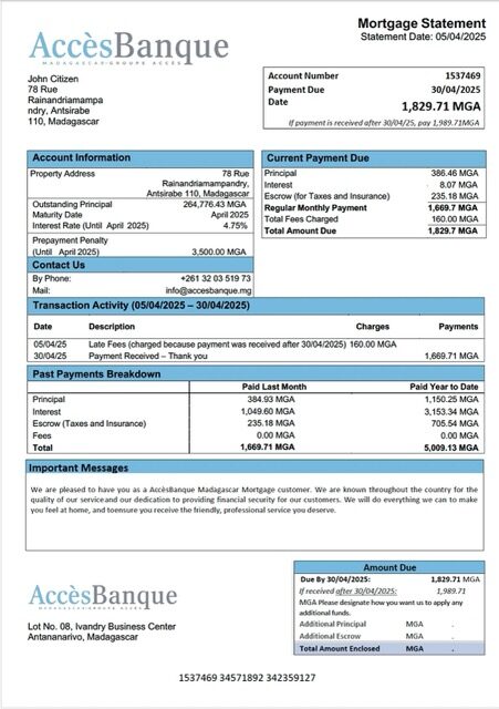 Madagascar AccèsBanque Madagascar mortgage statement Word and PDF template