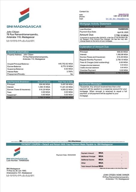 Madagascar BNI Madagascar mortgage statement Word and PDF template