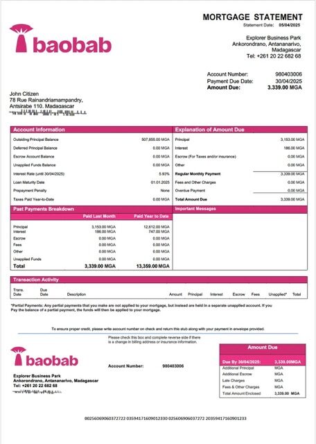 Madagascar Baobab Banque Madagascar mortgage statement Word and PDF template