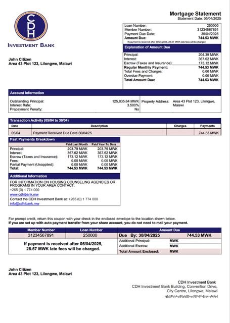 Malawi CDH Investment Bank mortgage statement Word and PDF template