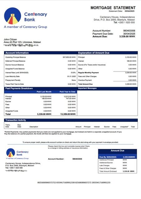 Malawi Centenary Bank Malawi mortgage statement Word and PDF template