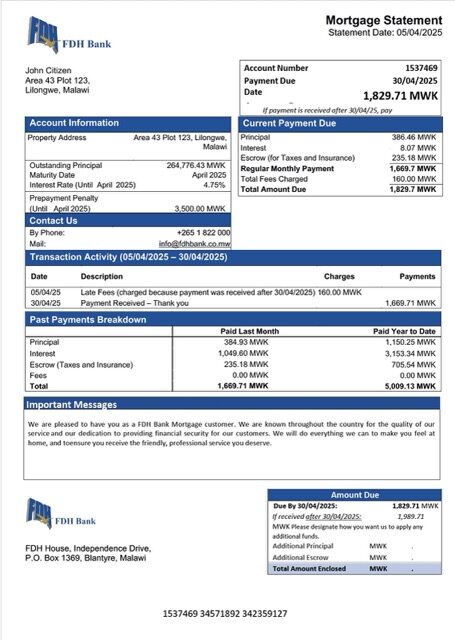 Malawi FDH Bank mortgage statement Word and PDF template