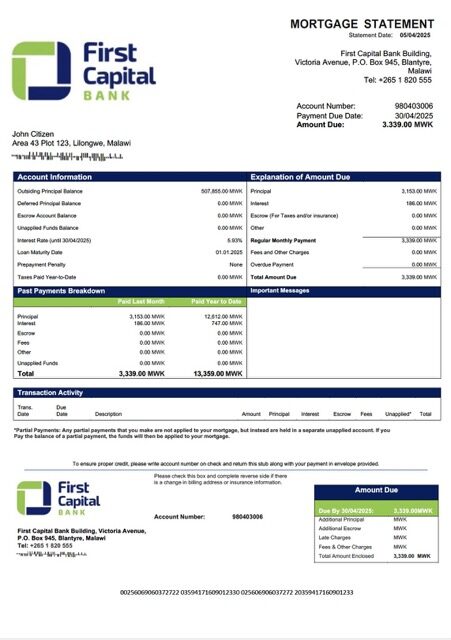 Malawi First Capital Bank Malawi mortgage statement Word and PDF template