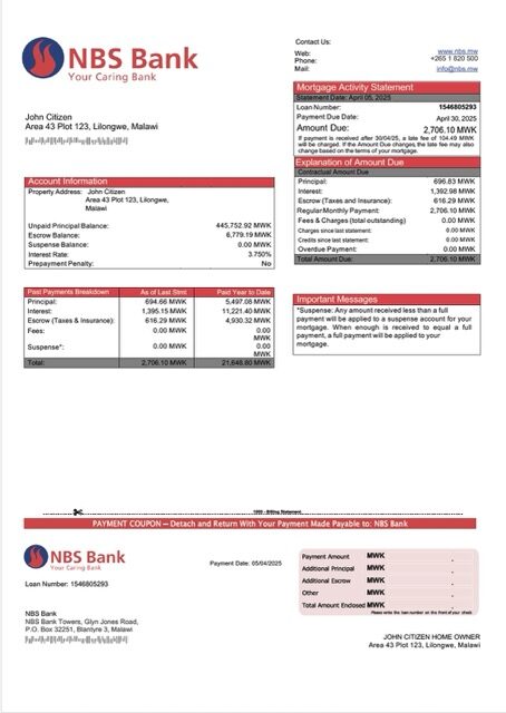 Malawi NBS Bank mortgage statement Word and PDF template
