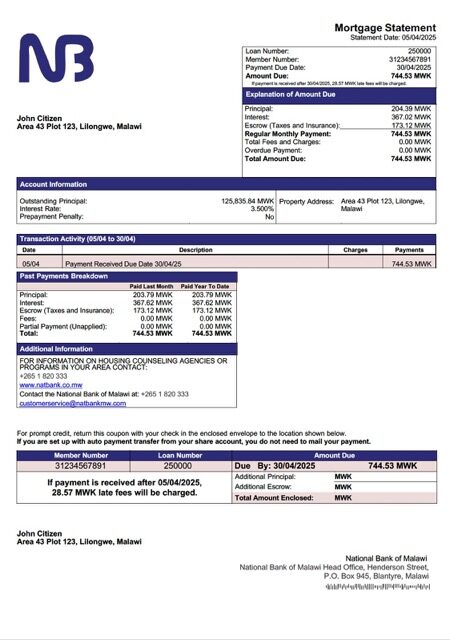 Malawi National Bank of Malawi mortgage statement Word and PDF template