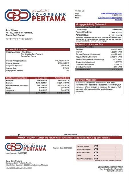 Malaysia Co-op Bank Pertama mortgage statement Word and PDF template