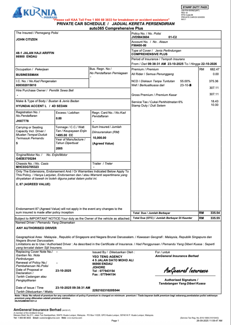 Malaysia Kurnia Insurance private car schedule Word and PDF template