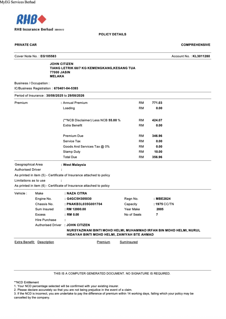 Malaysia RHB Insurance Berhad private car policy Word and PDF template