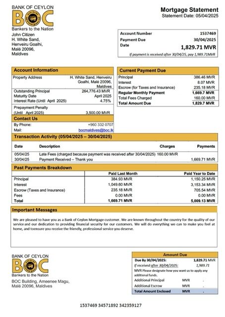 Maldives Bank of Ceylon mortgage statement Word and PDF template