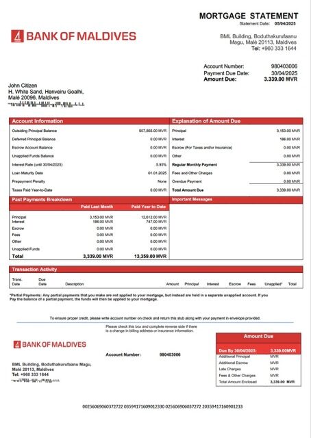 Maldives Bank of Maldives mortgage statement Word and PDF template