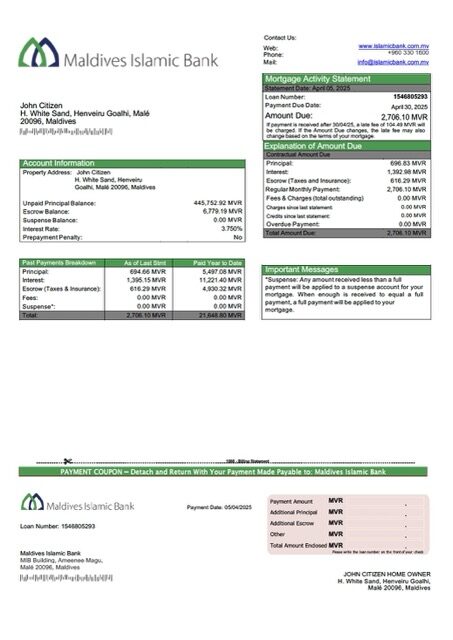 Maldives Islamic Bank mortgage statement Word and PDF template