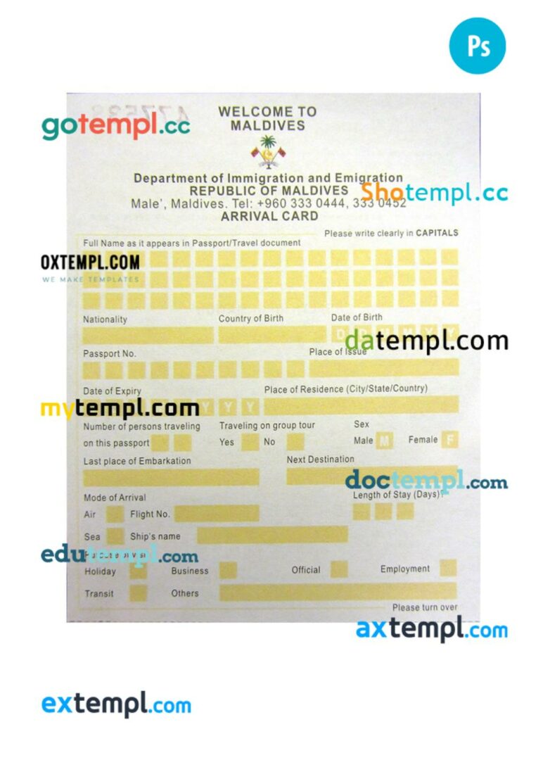 Maldives arrival card template in PSD format