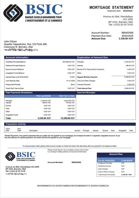 Mali BSIC Mali mortgage statement Word and PDF template