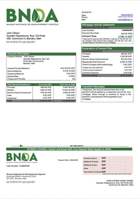 Mali Banque Nationale de Développement Agricole (BNDA) mortgage statement Word and PDF template