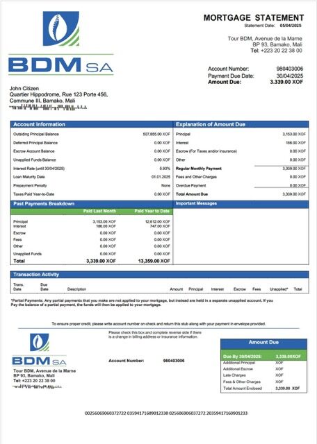Mali Banque du Développement du Mali (BDM) mortgage statement Word and PDF template