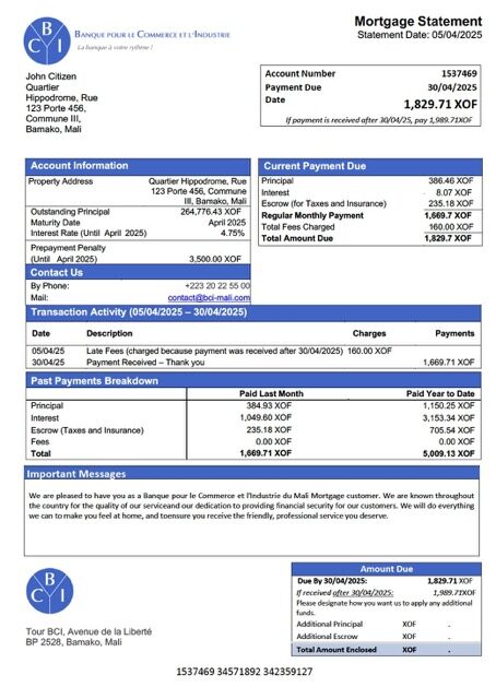 Mali Banque pour le Commerce et l’Industrie du Mali (BCI-Mali) mortgage statement Word and PDF template