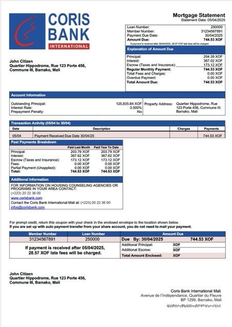 Mali Coris Bank International Mali mortgage statement Word and PDF template