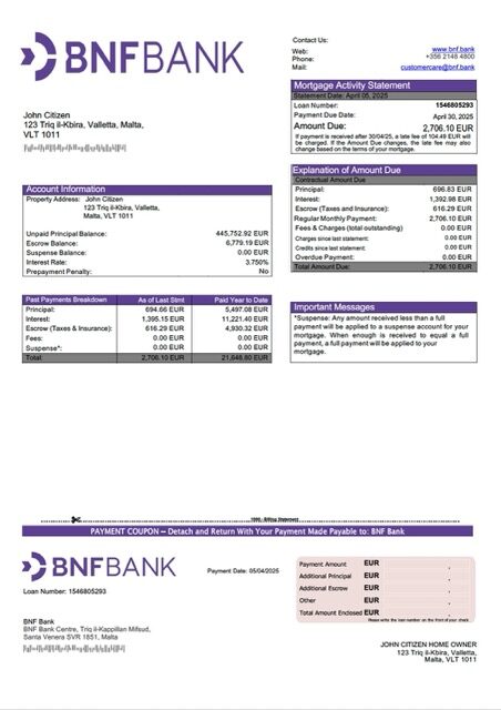 Malta BNF Bank mortgage statement Word and PDF template