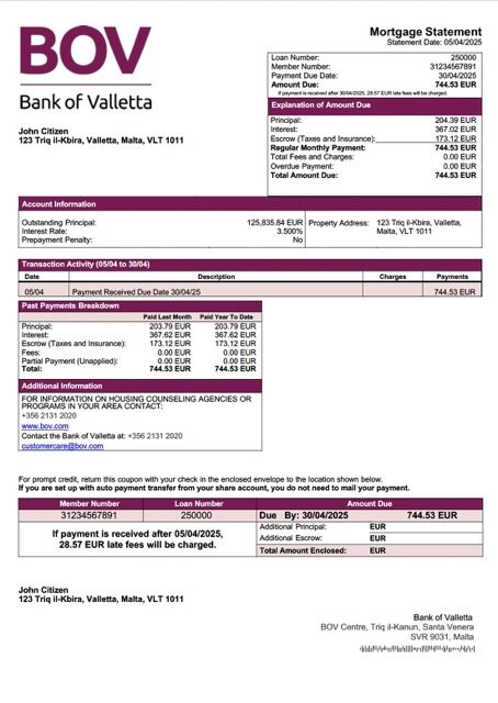 Malta Bank of Valletta mortgage statement Word and PDF template