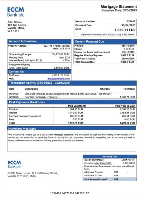 Malta ECCM Bank mortgage statement Word and PDF template