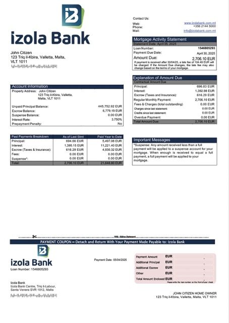 Malta Izola Bank mortgage statement Word and PDF template