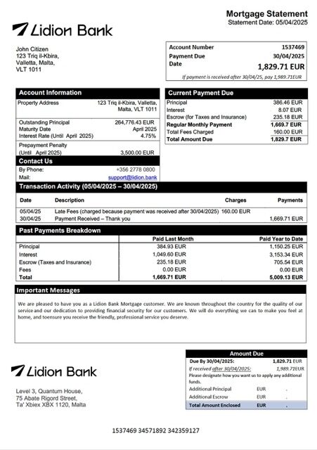Malta Lidion Bank mortgage statement Word and PDF template
