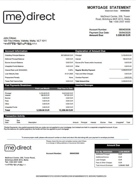 Malta MeDirect Bank mortgage statement Word and PDF template