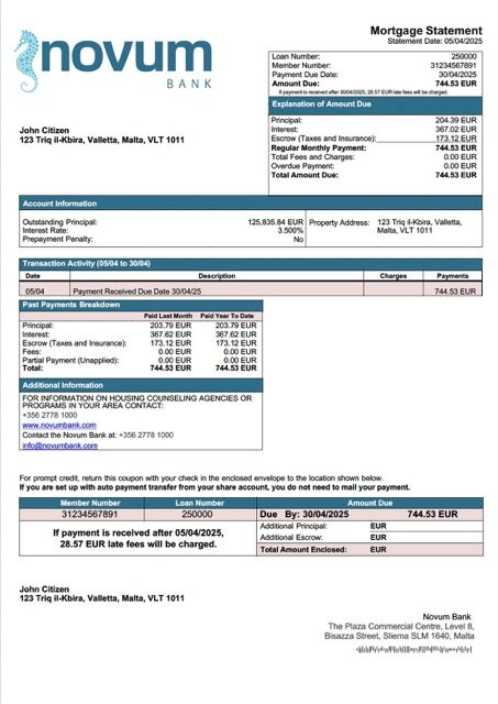 Malta Novum Bank mortgage statement Word and PDF template