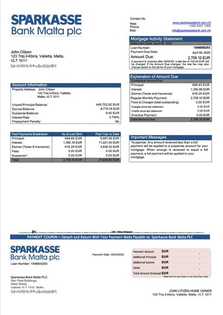 Malta Sparkasse Bank Malta PLC mortgage statement Word and PDF template