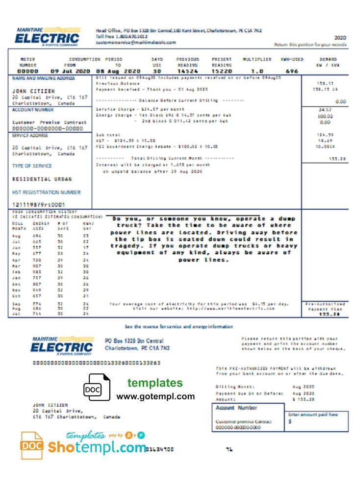 Canadian Maritime Electric utility bill download example in Word and PDF format
