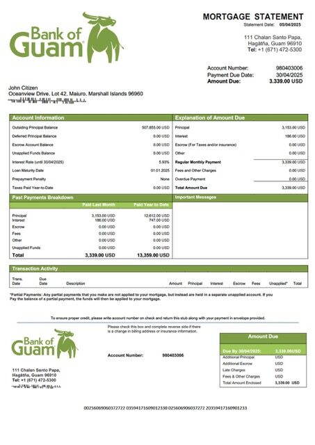 Marshall Islands Bank of Guam mortgage statement Word and PDF template