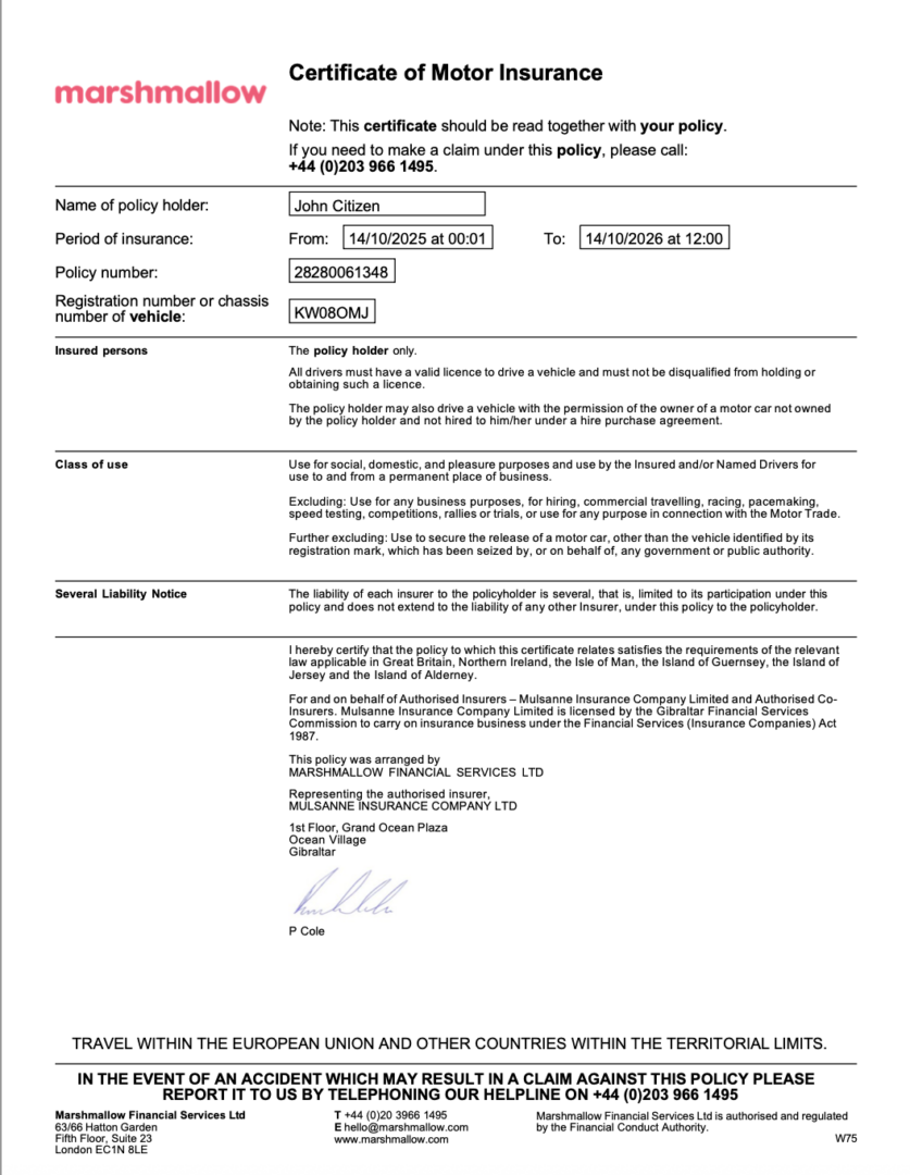 Marshmallow Insurance certificate of motor insurance Word and PDF template